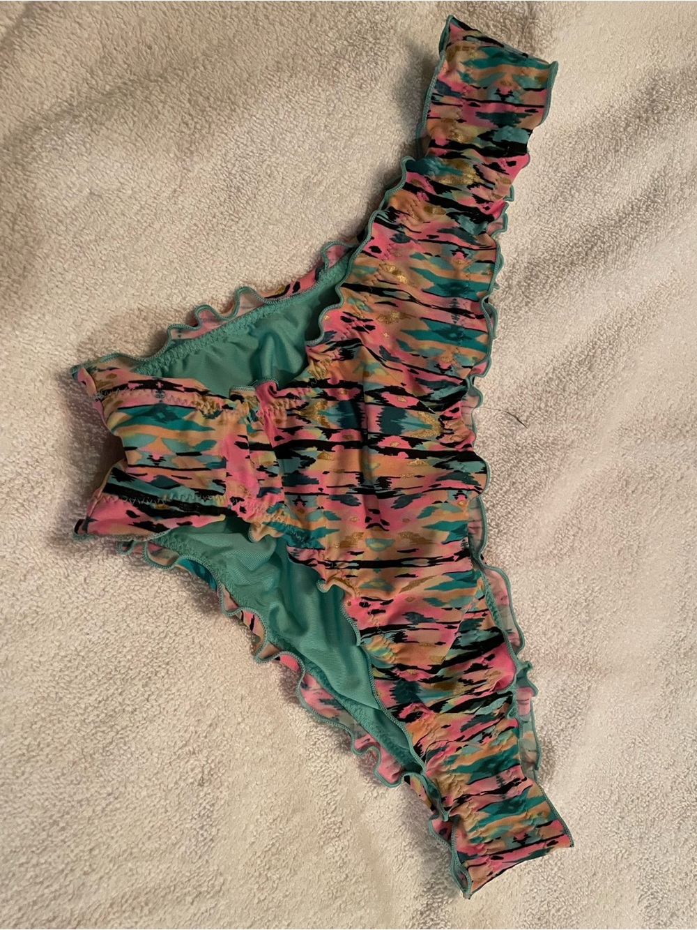 Shade & Shore Teal Bikini Bottom Swimsuit with Multicolor Ruffle Print